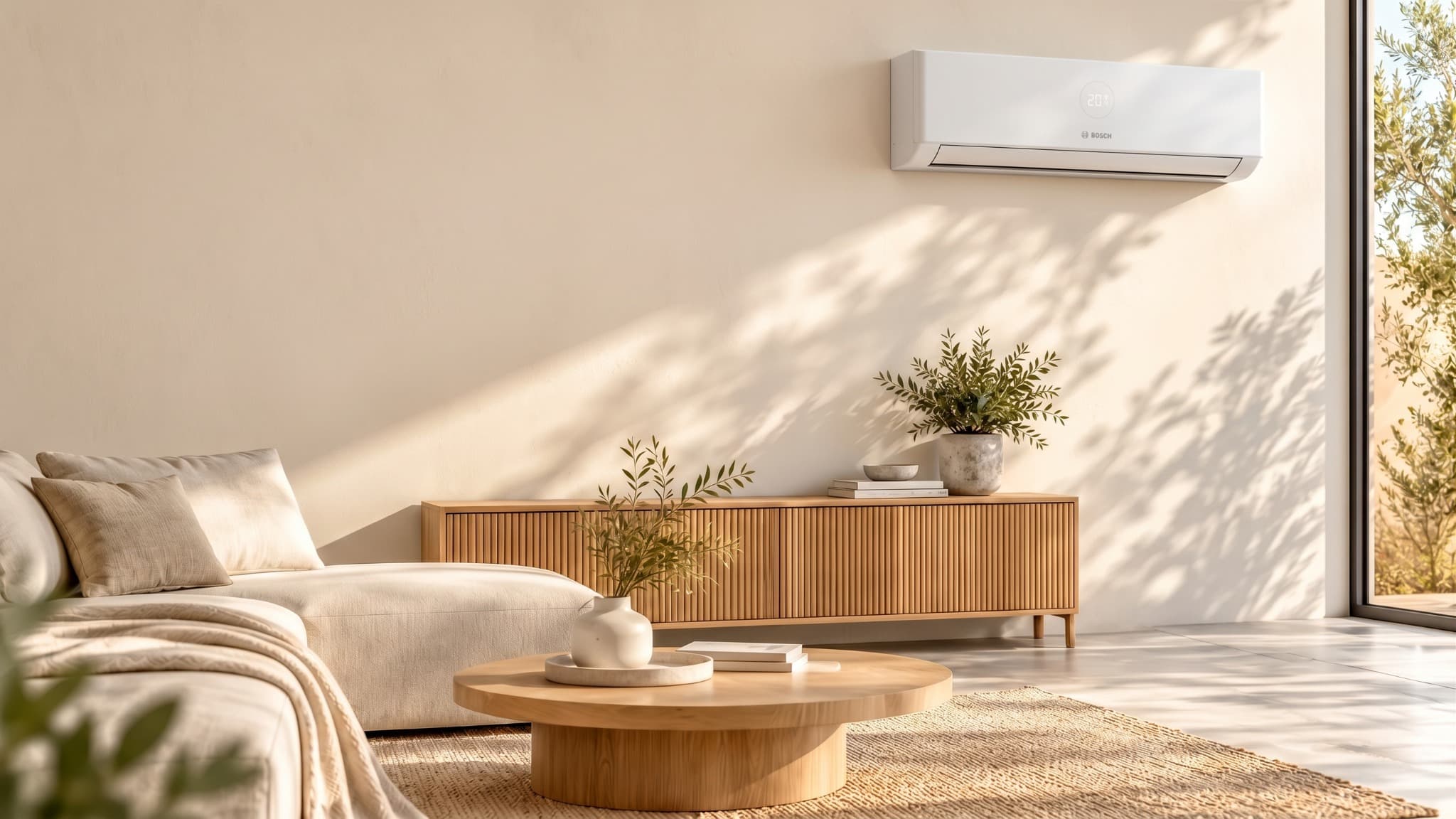 Helles Wohnzimmer mit einer wandmontierten Bosch Klimaanlagen-Inneneinheit